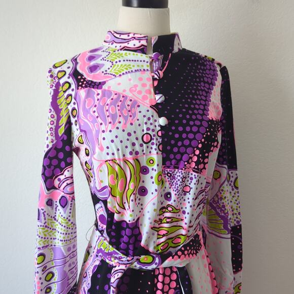 Vintage 1970s Dress Womens Purple Pink MCM Hippie Psychedelic Retro Anika XS/S - Picture 12 of 16